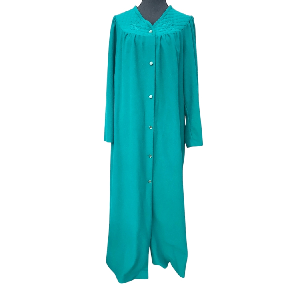 Vintage XL Green Fleece House Coat Shadowline Long Button Up Robe With Pockets